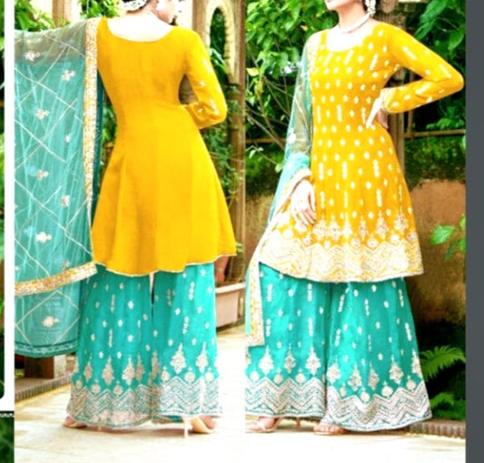 Yellow and turquoise sharara suit